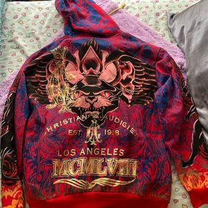 Christian Audigier jacket hoodie with insane designs and silk interior Ed Hardy